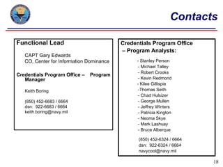 Contacts

Functional Lead                           Credentials Program Office
                                          – Program Analysts:
   CAPT Gary Edwards
   CO, Center for Information Dominance        - Stanley Person
                                                - Michael Talley
                                                - Robert Crooks
Credentials Program Office –   Program
   Manager                                      - Kevin Redmond
                                               - Kilee Gillispie
   Keith Boring                                 -Thomas Seith
                                                - Chad Hulsizer
   (850) 452-6683 / 6664                        - George Mullen
   dsn: 922-6683 / 6664                         - Jeffrey Winters
   keith.boring@navy.mil                        - Patricia Kington
                                                - Neoma Skye
                                                - Mark Lashuay
                                                - Bruce Alberque

                                                (850) 452-6324 / 6664
                                                dsn: 922-6324 / 6664
                                                navycool@navy.mil

                                                                        18
 