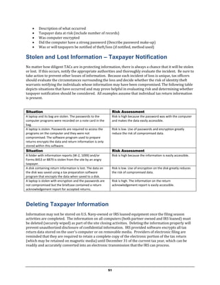     Description of what occurred
        Taxpayer data at risk (include number of records)
        Was computer encrypted
        Did the computer have a strong password (Describe password make-up)
        Was or will taxpayers be notified of theft/loss (if notified, method used)

Stolen and Lost Information – Taxpayer Notification
No matter how diligent TACs are in protecting information, there is always a chance that it will be stolen
or lost. If this occurs, notify the appropriate authorities and thoroughly evaluate the incident. Be sure to
take action to prevent other losses of information. Because each incident of loss is unique, tax officers
should evaluate the circumstances surrounding the loss and decide whether the risk of identity theft
warrants notifying the individuals whose information may have been compromised. The following table
depicts situations that have occurred and may prove helpful in evaluating risk and determining whether
taxpayer notification should be considered. All examples assume that individual tax return information
is present.


Situation                                                        Risk Assessment
A laptop and its bag are stolen. The passwords to the            Risk is high because the password was with the computer
computer programs were recorded on a note card in the            and makes the data easily accessible.
bag.
A laptop is stolen. Passwords are required to access the         Risk is low. Use of passwords and encryption greatly
programs on the computer and they were not                       reduce the risk of compromised data.
compromised. The software program used to prepare
returns encrypts the data and return information is only
stored within this software.
Situation                                                        Risk Assessment
A folder with information reports (W-2, 1099) and/or             Risk is high because the information is easily accessible.
Forms 8453 or 8879 is stolen from the site by an angry
taxpayer.
A disk containing return information is lost. The data on        Risk is low. Use of encryption on the disk greatly reduces
the disk was saved using a tax preparation software              the risk of compromised data.
program that encrypts the data when saved to a disk.
A laptop is stolen with encryption and the passwords are         Risk is high. The information on the return
not compromised but the briefcase contained a return             acknowledgement report is easily accessible.
acknowledgement report for accepted returns.



Deleting Taxpayer Information
Information may not be stored on U.S. Navy-owned or IRS loaned equipment once the filing season
activities are completed. The information on all computers (both partner owned and IRS loaned) must
be deleted (securely wiped) as part of the site closing activities. Deleting the information properly will
prevent unauthorized disclosure of confidential information. IRS provided software encrypts all tax
return data stored on the user's computer or on removable media. Providers of electronic filing are
reminded that they are required to retain a complete copy of the electronic portion of the tax return
(which may be retained on magnetic media) until December 31 of the current tax year, which can be
readily and accurately converted into an electronic transmission that the IRS can process.




                                                            51
 