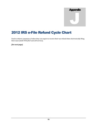 J
                                                                                 Appendix




2012 IRS e-File Refund Cycle Chart
Used to inform customers of when they can expect to receive their tax refund when electronically filing
their taxes (both VITA/ELF and self-service).

[See next page]




                                                   72
 