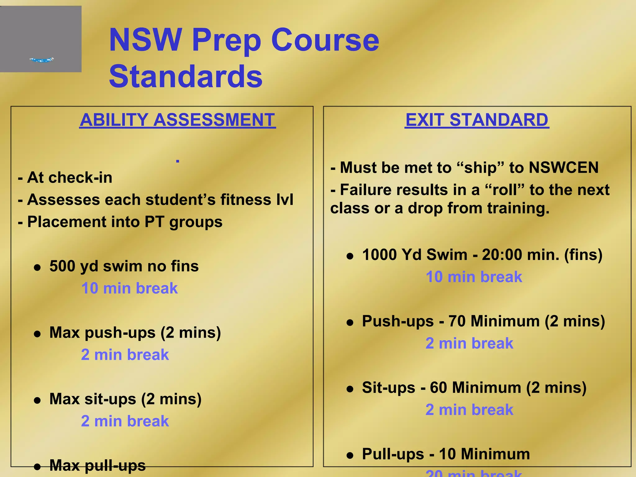 EXIT STANDARD
- Must be met to “ship” to NSWCEN
- Failure results in a “roll” to the next
class or a drop from training.
1000 Yd Swim - 20:00 min. (fins)
10 min break
Push-ups - 70 Minimum (2 mins)
2 min break
Sit-ups - 60 Minimum (2 mins)
2 min break
Pull-ups - 10 Minimum
NSW Prep Course
Standards
ABILITY ASSESSMENT
- At check-in
- Assesses each student’s fitness lvl
- Placement into PT groups
500 yd swim no fins
10 min break
Max push-ups (2 mins)
2 min break
Max sit-ups (2 mins)
2 min break
Max pull-ups
 