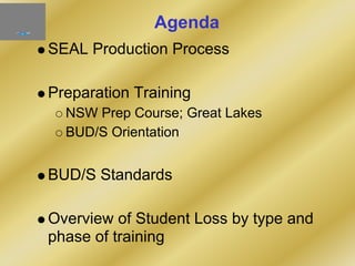 Agenda
SEAL Production Process
Preparation Training
NSW Prep Course; Great Lakes
BUD/S Orientation
BUD/S Standards
Overview of Student Loss by type and
phase of training
 
