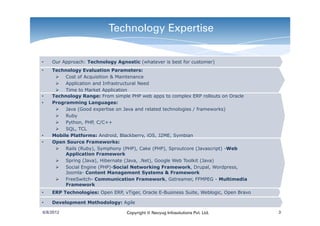 Technology Expertise


•   Our Approach: Technology Agnostic (whatever is best for customer)
•   Technology Evaluation Parameters:
         Cost of Acquisition & Maintenance
         Application and Infrastructural Need
         Time to Market Application
•   Technology Range: From simple PHP web apps to complex ERP rollouts on Oracle
•   Programming Languages:
         Java (Good expertise on Java and related technologies / frameworks)
         Ruby
         Python, PHP, C/C++
         SQL, TCL
•   Mobile Platforms: Android, Blackberry, iOS, J2ME, Symbian
•   Open Source Frameworks:
         Rails (Ruby), Symphony (PHP), Cake (PHP), Sproutcore (Javascript) -Web
         Application Framework
         Spring (Java), Hibernate (Java, .Net), Google Web Toolkit (Java)
         Social Engine (PHP)-Social Networking Framework, Drupal, Wordpress,
         Joomla- Content Management Systems & Framework
         FreeSwitch- Communication Framework, Gstreamer, FFMPEG - Multimedia
         Framework
•   ERP Technologies: Open ERP, vTiger, Oracle E-Business Suite, Weblogic, Open Bravo

•   Development Methodology: Agile

6/8/2012                          Copyright © Navyug Infosolutions Pvt. Ltd.            3
 