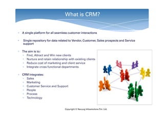 What is CRM?


∗ A single platform for all seamless customer interactions

•   Single repository for data related to Vendor, Customer, Sales prospects and Service
    support

∗ The aim is to:
  ∗ Find, Attract and Win new clients
  ∗ Nurture and retain relationship with existing clients
  ∗ Reduce cost of marketing and client service
  ∗ Integrate cross functional departments

∗ CRM integrates:
  ∗ Sales
  ∗ Marketing
  ∗ Customer Service and Support
  ∗ People
  ∗ Process
  ∗ Technology


                                  Copyright © Navyug Infosolutions Pvt. Ltd.
 
