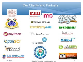 Our Clients and Partners




09/19/12                                                      13
                 Copyright © Navyug Infosolutions Pvt. Ltd.
 