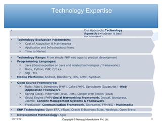 Technology Expertise

•                                                    Our Approach: Technology
                                                     Agnostic (whatever is best
                                                     for customer)
•   Technology Evaluation Parameters:
      Cost of Acquisition & Maintenance
      Application and Infrastructural Need
      Time to Market

•   Technology Range: From simple PHP web apps to product development
•   Programming Languages:
      Java (Good expertise on Java and related technologies / frameworks)
      Ruby, Python, PHP, C/C++
      SQL, TCL
•   Mobile Platforms: Android, Blackberry, iOS, J2ME, Symbian

•   Open Source Frameworks:
      Rails (Ruby), Symphony (PHP), Cake (PHP), Sproutcore (Javascript) -Web
        Application Framework
      Spring (Java), Hibernate (Java, .Net), Google Web Toolkit (Java)
      Social Engine (PHP)-Social Networking Framework, Drupal, Wordpress,
        Joomla- Content Management Systems & Framework
      FreeSwitch- Communication Framework, Gstreamer, FFMPEG - Multimedia
•   ERP Technologies: Open ERP, vTiger, Oracle E-Business Suite, Weblogic, Open Bravo
•   Development Methodology: Agile
09/19/12                          Copyright © Navyug Infosolutions Pvt. Ltd.            3
 