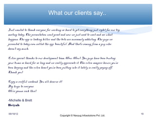 What our clients say..

Just wanted to thank everyone for working so hard to get everything just right for our big
meeting today. The presentation went great and now we just need to wait and see what
happens. The app is looking killer and the bets are awesomely addicting. The guys we
presented to today even called the app ‘beautiful’. And that’s coming from a guy who
doesn’t say much.

Extra special thanks to our development team. Wow. Wow! You guys have been busting
your bums so hard for so long and we really appreciate it. The extra vampire hours you’ve
been keeping and the extra heart you’ve been putting into it lately is really paying off.
Thank you!

Enjoy a restful weekend. You all deserve it!
Big hugs to everyone.
We’re gonna rock this!

-Michelle & Brett
Betyah

09/18/12                                                                                     18
                                          Copyright © Navyug Infosolutions Pvt. Ltd.
 