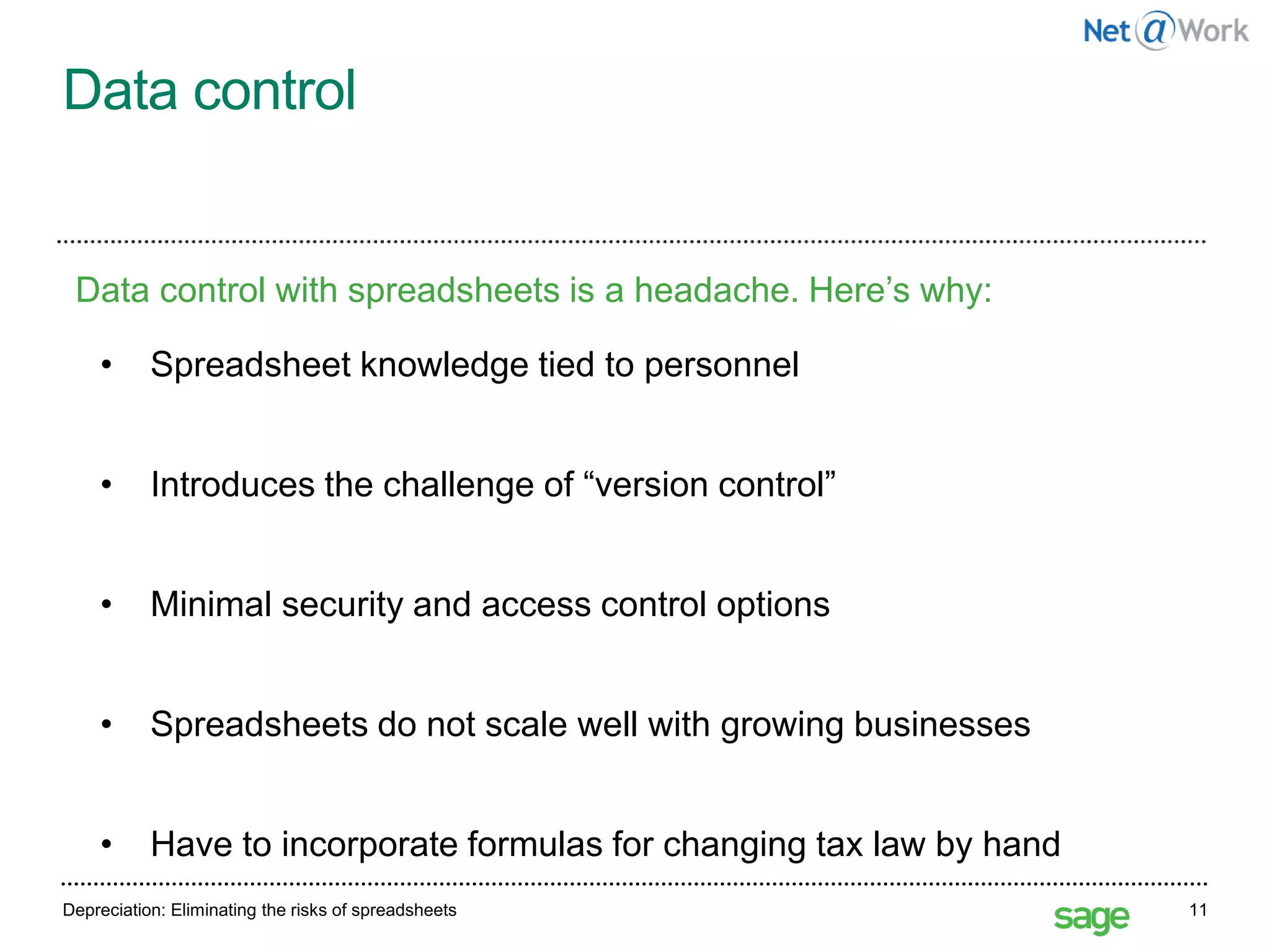 Data control
27 May 2016Depreciation: Eliminating the risks of spreadsheets 11
• Spreadsheet knowledge tied to personnel
• Introduces the challenge of “version control”
• Minimal security and access control options
• Spreadsheets do not scale well with growing businesses
• Have to incorporate formulas for changing tax law by hand
Data control with spreadsheets is a headache. Here’s why:
 