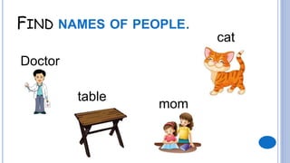 Try again
FIND NAMES OF PEOPLE.
Doctor
cat
mom
table
Try again
 