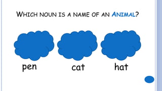 WHICH NOUN IS A NAME OF AN ANIMAL?
pen cat hat
 