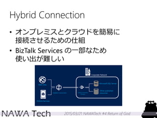 2015/03/21 NAWATech #4 Return of God
Hybrid Connection
• オンプレミスとクラウドを簡易に
接続させるための仕組
• BizTalk Services の一部なため
使い出が難しい
 