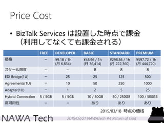 2015/03/21 NAWATech #4 Return of God
Price Cost
• BizTalk Services は設置した時点で課金
（利用してなくても課金される）
FREE DEVELOPER BASIC STANDARD PREMIUM
価格 － ¥9.18 / 1h
(月 6,834)
¥48.96 / 1h
(月 36,414)
¥298.86 / 1h
(月 222,360)
¥597.72 / 1h
(月 444,720)
スケール限度 － － ８ ８ ８
EDI Bridge(1U) － 25 25 125 500
Agreements(1U) － 10 50 250 1000
Adapter(1U) － 1 2 5 25
Hybrid Connection 5 / 5GB 5 / 5GB 10 / 50GB 50 / 250GB 100 / 500GB
高可用性 － － あり あり あり
2015/03/18 時点の価格
 