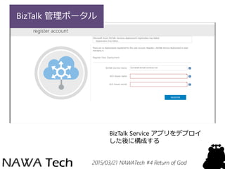 2015/03/21 NAWATech #4 Return of God
BizTalk Service アプリをデプロイ
した後に構成する
BizTalk 管理ポータル
 