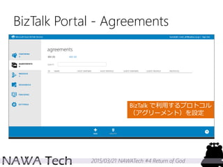 2015/03/21 NAWATech #4 Return of God
BizTalk Portal - Agreements
BizTalk で利用するプロトコル
（アグリーメント）を設定
 