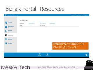 2015/03/21 NAWATech #4 Return of God
BizTalk Portal -Resources
変換設定などの事前アップ
ロードしたリソース
 