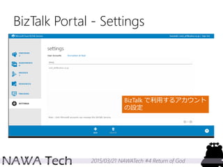 2015/03/21 NAWATech #4 Return of God
BizTalk Portal - Settings
BizTalk で利用するアカウント
の設定
 