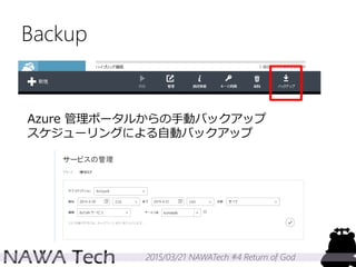 2015/03/21 NAWATech #4 Return of God
Backup
Azure 管理ポータルからの手動バックアップ
スケジューリングによる自動バックアップ
 