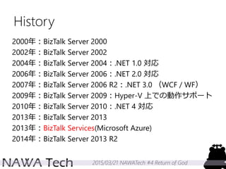 2015/03/21 NAWATech #4 Return of God
History
2000年：BizTalk Server 2000
2002年：BizTalk Server 2002
2004年：BizTalk Server 2004：.NET 1.0 対応
2006年：BizTalk Server 2006：.NET 2.0 対応
2007年：BizTalk Server 2006 R2：.NET 3.0 （WCF / WF）
2009年：BizTalk Server 2009：Hyper-V 上での動作サポート
2010年：BizTalk Server 2010：.NET 4 対応
2013年：BizTalk Server 2013
2013年：BizTalk Services(Microsoft Azure)
2014年：BizTalk Server 2013 R2
 