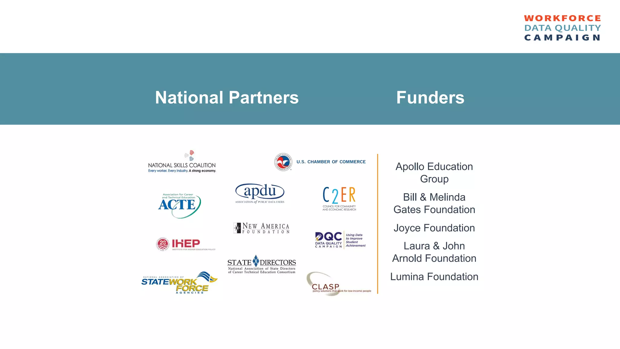 Apollo Education
Group
Bill & Melinda
Gates Foundation
Joyce Foundation
Laura & John
Arnold Foundation
Lumina Foundation
National Partners Funders
 