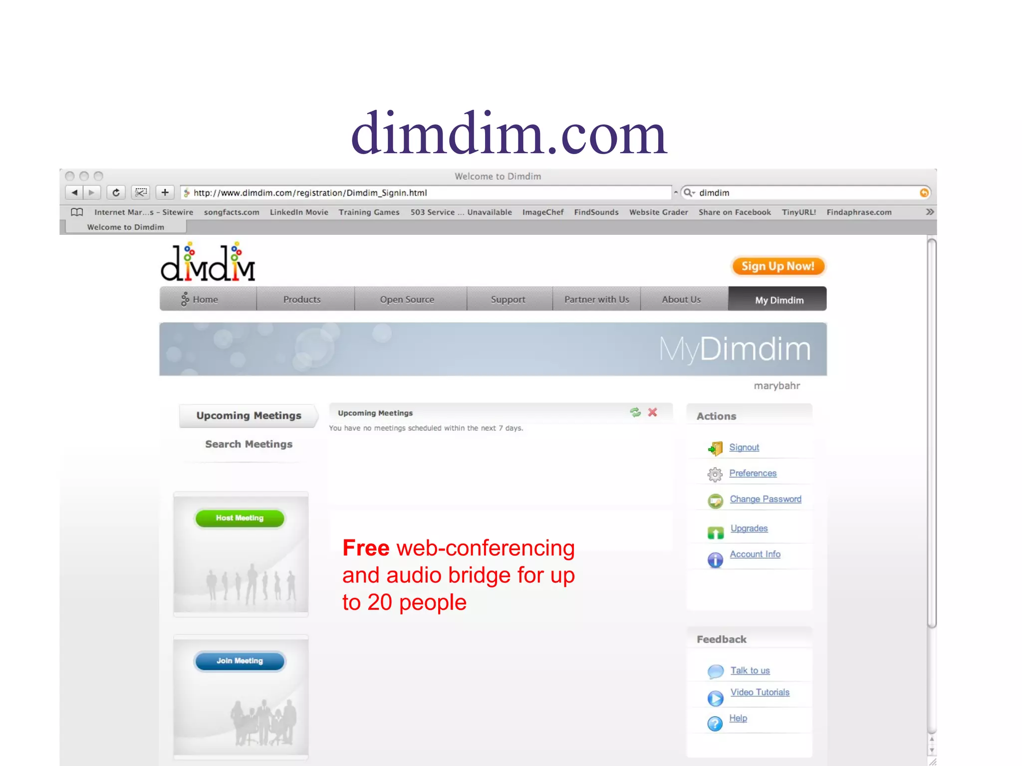 dimdim.com Free  web-conferencing and audio bridge for up to 20 people 