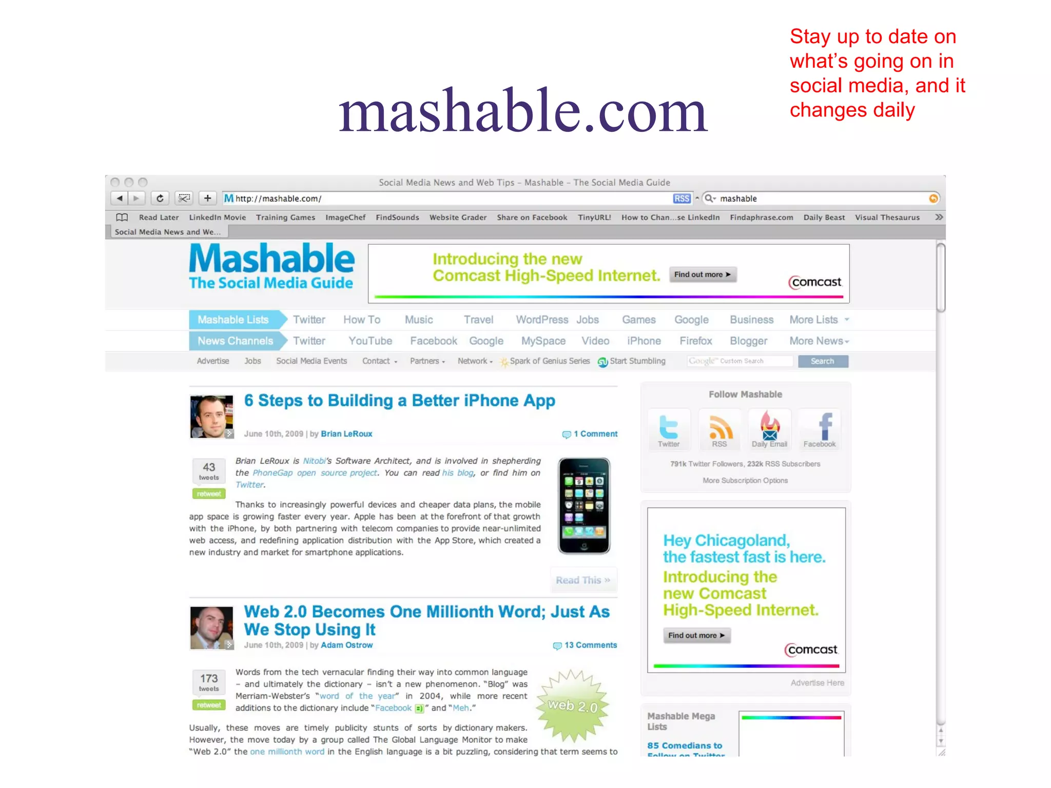 mashable.com Stay up to date on what’s going on in social media, and it changes daily 