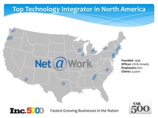 Top Technology Integrator in North America




                                                      Founded: 1996
                                                      Offices: US & Canada
                                                      Employees:200+
                                                      Clients: 4,500+




           Fastest Growing Businesses in the Nation
 