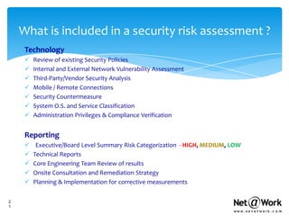 What is included in a security risk assessment ?
     Technology
        Review of existing Security Policies
        Internal and External Network Vulnerability Assessment
        Third-Party/Vendor Security Analysis
        Mobile / Remote Connections
        Security Countermeasure
        System O.S. and Service Classification
        Administration Privileges & Compliance Verification


     Reporting
         Executive/Board Level Summary Risk Categorization - HIGH, MEDIUM, LOW
        Technical Reports
        Core Engineering Team Review of results
        Onsite Consultation and Remediation Strategy
        Planning & Implementation for corrective measurements


2
1
 