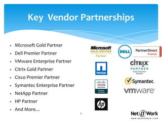 Key Vendor Partnerships

   Microsoft Gold Partner
   Dell Premier Partner
   VMware Enterprise Partner
   Citrix Gold Partner
   Cisco Premier Partner
   Symantec Enterprise Partner
   NetApp Partner
   HP Partner
   And More…
                                  5
 