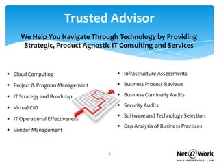 Trusted Advisor
     We Help You Navigate Through Technology by Providing
      Strategic, Product Agnostic IT Consulting and Services


 Cloud Computing                     Infrastructure Assessments

 Project & Program Management        Business Process Reviews

 IT Strategy and Roadmap             Business Continuity Audits

 Virtual CIO                         Security Audits
                                      Software and Technology Selection
 IT Operational Effectiveness
                                      Gap Analysis of Business Practices
 Vendor Management



                                 6
 