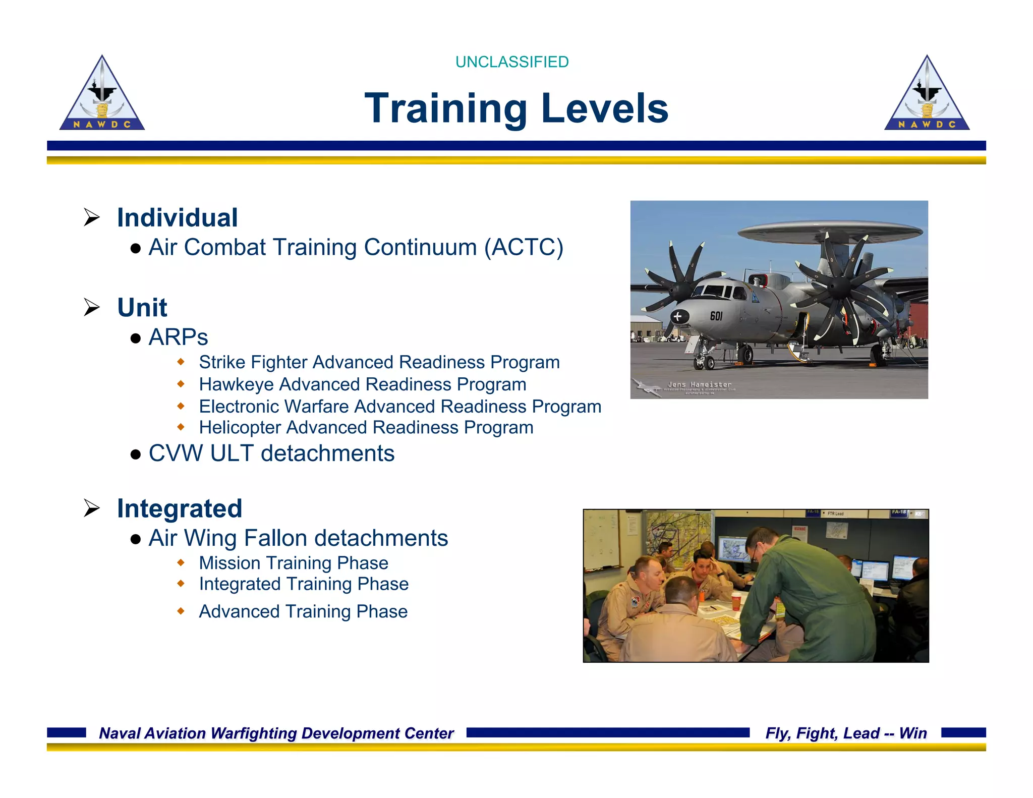 Naval Aviation Warfighting Development Center Fly, Fight, Lead -- Win
Training Levels
Ø  Individual
● Air Combat Training Continuum (ACTC)
Ø  Unit
● ARPs
w  Strike Fighter Advanced Readiness Program
w  Hawkeye Advanced Readiness Program
w  Electronic Warfare Advanced Readiness Program
w  Helicopter Advanced Readiness Program
● CVW ULT detachments
Ø  Integrated
● Air Wing Fallon detachments
w  Mission Training Phase
w  Integrated Training Phase
w  Advanced Training Phase
UNCLASSIFIED
 