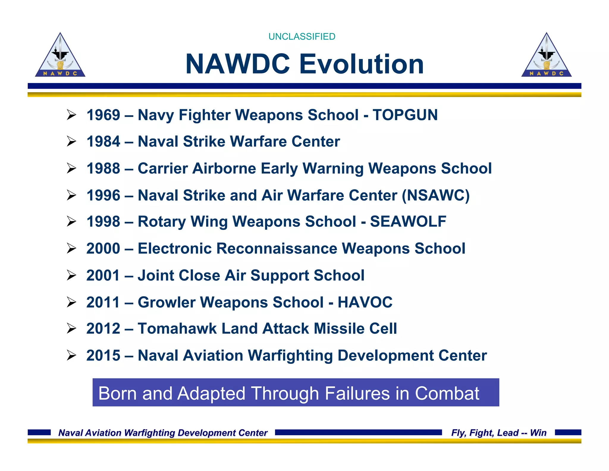 Naval Aviation Warfighting Development Center Fly, Fight, Lead -- Win
NAWDC Evolution
Ø  1969 – Navy Fighter Weapons School - TOPGUN
Ø  1984 – Naval Strike Warfare Center
Ø  1988 – Carrier Airborne Early Warning Weapons School
Ø  1996 – Naval Strike and Air Warfare Center (NSAWC)
Ø  1998 – Rotary Wing Weapons School - SEAWOLF
Ø  2000 – Electronic Reconnaissance Weapons School
Ø  2001 – Joint Close Air Support School
Ø  2011 – Growler Weapons School - HAVOC
Ø  2012 – Tomahawk Land Attack Missile Cell
Ø  2015 – Naval Aviation Warfighting Development Center
UNCLASSIFIED
Born and Adapted Through Failures in Combat
 
