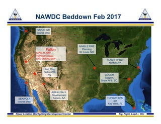 Naval Aviation Warfighting Development Center Fly, Fight, Lead -- Win
NAWDC Beddown Feb 2017
Fallon
CVW-11 AWF
TOPGUN Class
STK ENARG/WIP
Red Flag
Nellis AFB,
NV.
HAVOC GTI
course prep
TLAM TTP Dev
Norfolk, VA
COCOM
Support.
Shaw AFB, SC.
NIMBLE FIRE
Planning
St. Louis, MO
AIM-9X Blk II.
Development
Tucson, AZ. TOPGUN BFM
det
Key West, FL
SEAWOLF
course prep
 
