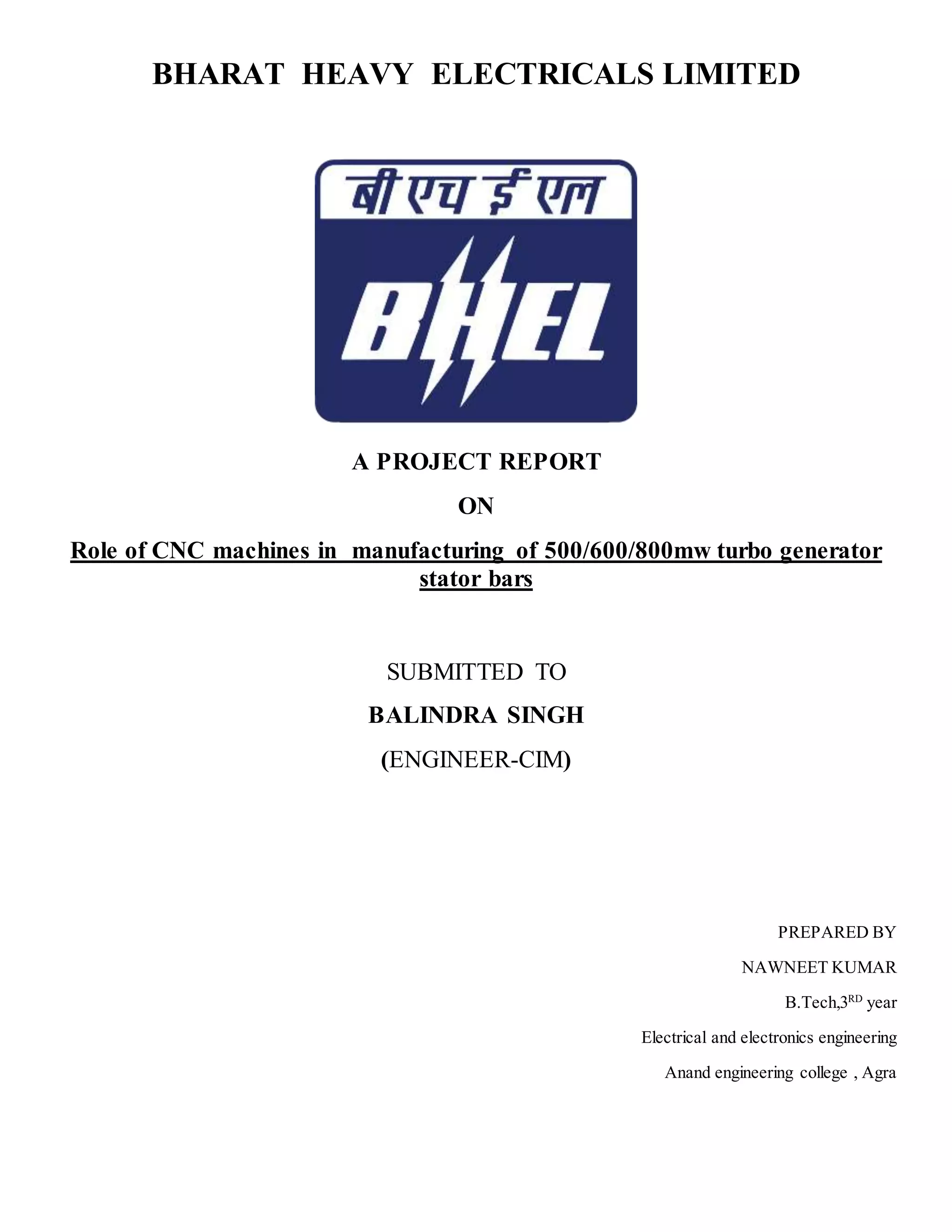 BHEL summer training report on ROLE OF CNC MACHINE IN MANUFACTURING OF