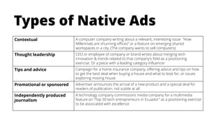 Types of Native Ads
Contextual A computer company writing about a relevant, interesting issue “How
Millennials are shunning offices” or a feature on emerging shared
workspaces in a city. (The company wants to sell computers)
Thought leadership CEO or employee of company or brand writes about merging tech
innovation & trends related to that company’s field as a positioning
exercise. Or a piece with a leading category influencer
Tips and advice Campaign for a home insurance company, offering advice and tips on how
to get the best deal when buying a house and what to look for, or issues
exploring moving house
Promotional or sponsored Advertiser announces the arrival of a new product and a special deal for
readers of publication, not subtle at all
Independently produced
journalism
A technology company commissions media company for a multimedia
feature on “Top 30 tech entrepreneurs in Ecuador” as a positioning exercise
to be associated with excellence
 