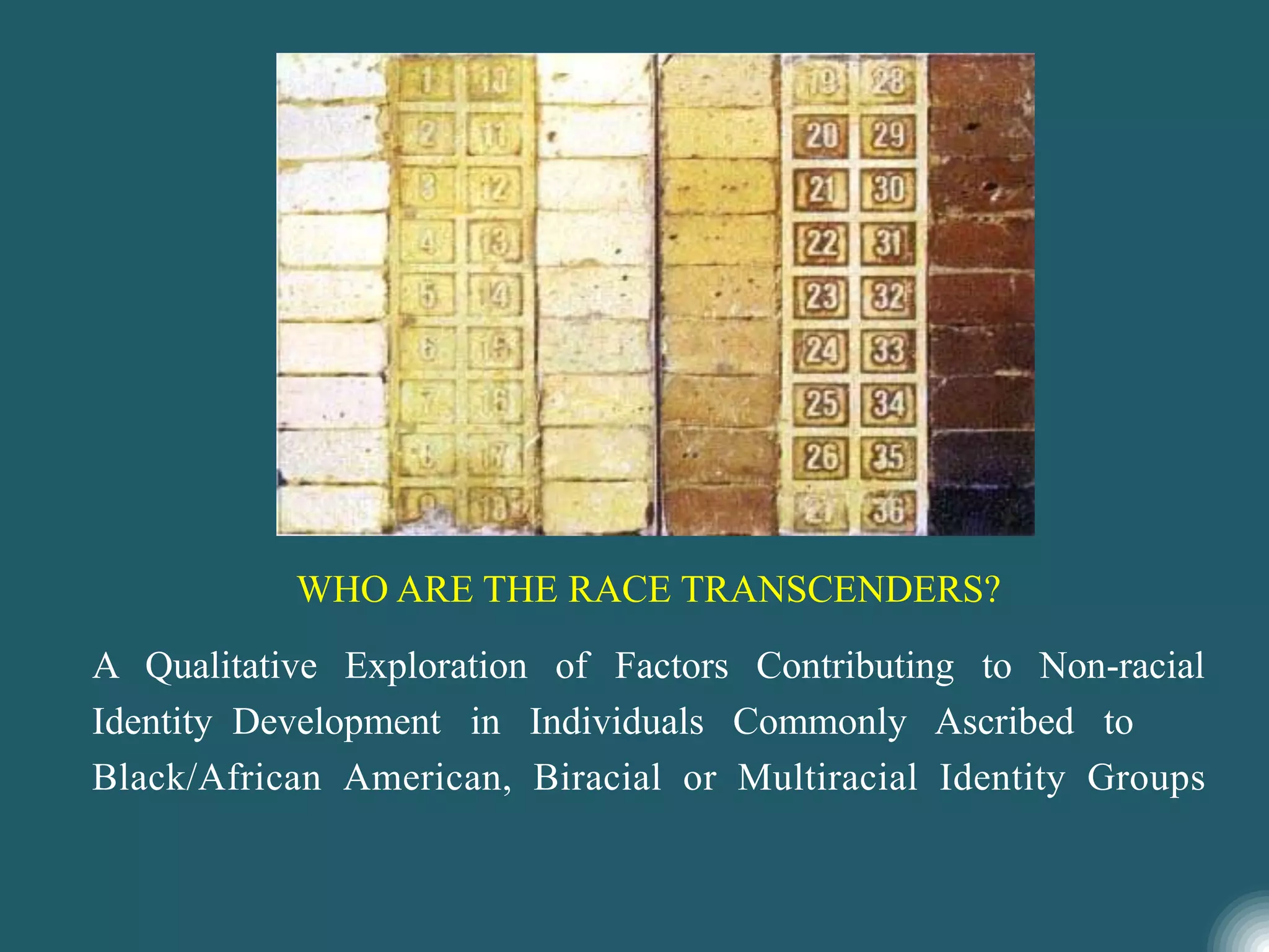 WHO ARE THE RACE TRANSCENDERS?
A Qualitative Exploration of Factors Contributing to Non-racial
Identity Development in Individuals Commonly Ascribed to
Black/African American, Biracial or Multiracial Identity Groups
 