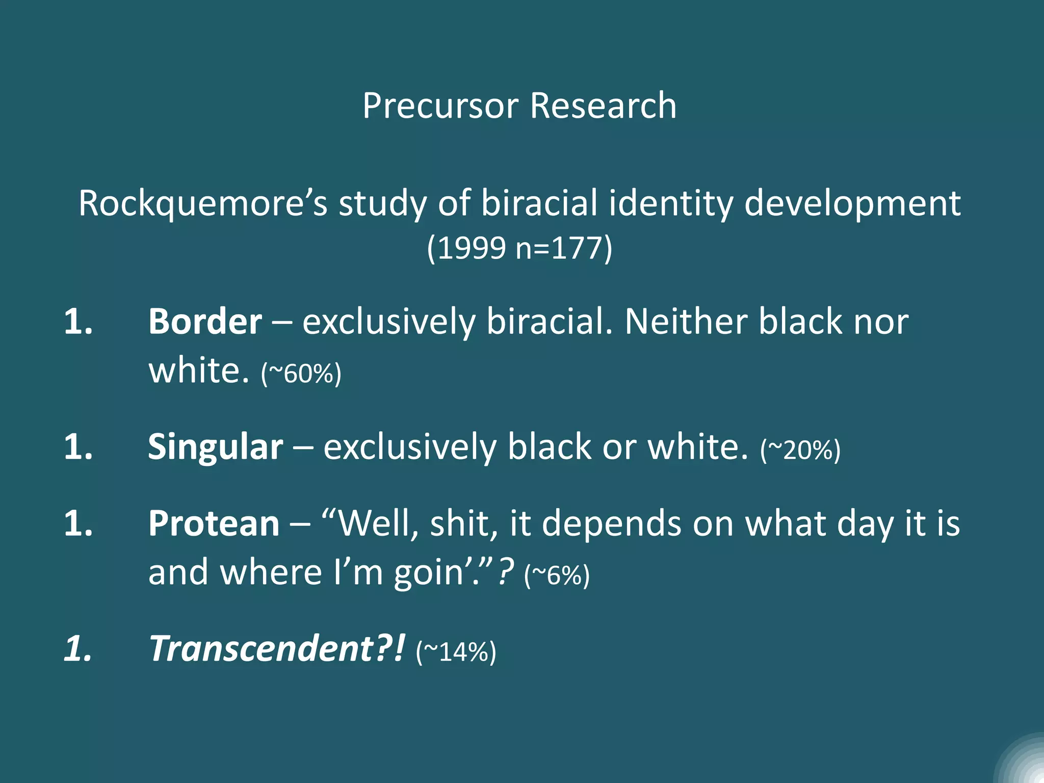 Precursor Research
Rockquemore’s study of biracial identity development
(1999 n=177)
1. Border – exclusively biracial. Neither black nor
white. (~60%)
1. Singular – exclusively black or white. (~20%)
1. Protean – “Well, shit, it depends on what day it is
and where I’m goin’.”? (~6%)
1. Transcendent?! (~14%)
 