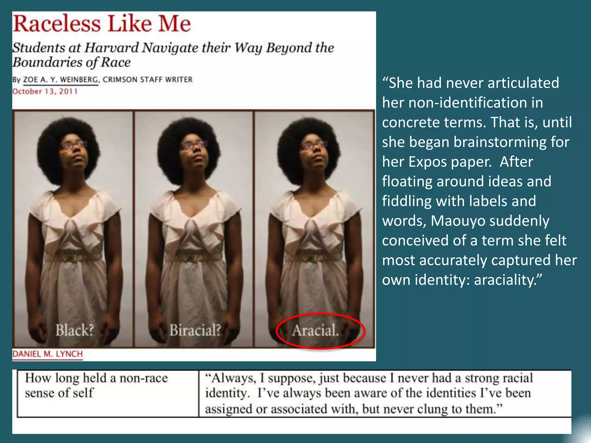 “She had never articulated
her non-identification in
concrete terms. That is, until
she began brainstorming for
her Expos paper. After
floating around ideas and
fiddling with labels and
words, Maouyo suddenly
conceived of a term she felt
most accurately captured her
own identity: araciality.”
 