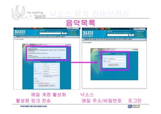 낙소스 뮤직 라이브러리
           음악목록




등록한 메일 계정 활성화 요망 (낙소스에서 등록한 메일 주소로
                  낙소스에서
활성화 링크 전송) → 활성화 된 메일 주소/비밀번호로 로그인!
       전송)            주소/비밀번호로 로그인!
 