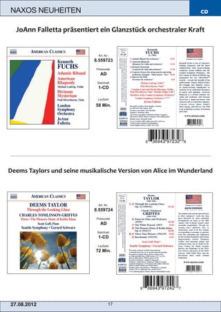 NAXOS NEUHEITEN                 CD




                   Art. Nr.:
                  8.559723
                  Preiscode:
                     AD
                   Setinhalt:
                   1­CD

                   Laufzeit:

                  58 Min.




                   Art. Nr.:
                  8.559724
                  Preiscode:
                     AD
                   Setinhalt:
                   1­CD
                   Laufzeit:
                  72 Min.




2 7. 08. 2 01 2            17
 