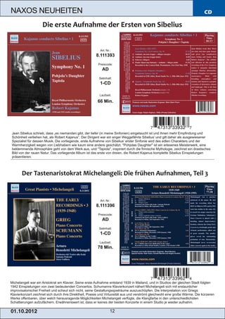 NAXOS NEUHEITEN                                                                                                                CD




                                                           Art. Nr.:
                                                        8.111393
                                                         Preiscode:
                                                            AD
                                                          Setinhalt:
                                                           1­CD

                                                          Laufzeit:

                                                         66 Min.




Jean Sibelius schrieb, dass „es niemanden gibt, der tiefer (in meine Sinfonien) eingetaucht ist und ihnen mehr Empfindung und
Schönheit verliehen hat, als Robert Kajanus“. Der Dirigent war ein enger Weggefährte Sibelius' und gilt daher als ausgewiesener
Spezialist für dessen Musik. Die vorliegende, erste Aufnahme von Sibelius’ erster Sinfonie wird des edlen Charakters und der
Warmherzigkeit wegen von Liebhabern wie kaum eine andere geschätzt. "Pohjolas Daughter" ist ein erlesenes Meisterwerk, eine
beklemmende Atmosphäre geht von dem Werk aus, und "Tapiola", inspiriert durch die finnische Mythologie, zeichnet ein drastisches
Bild von der rauen Natur. Das vorliegende Album ist das erste von dreien, die Robert Kajanus komplette Sibelius Einspielungen
präsentieren.




                                                           Art. Nr.:
                                                        8.111396
                                                         Preiscode:
                                                            AD
                                                          Setinhalt:
                                                           1­CD
                                                          Laufzeit:
                                                         78 Min.




Michelangeli war ein Aristokrat am Klavier. Seine erste Aufnahme entstand 1939 in Mailand, und in Studios der gleichen Stadt folgten
1942 Einspielungen von zwei bedeutenden Concertos. Schumanns Klavierkonzert nähert Michelangeli sich mit erstaunlicher
improvisatorischer Freiheit und scheut sich nicht, seine Gestaltungsspielräume auszuschöpfen. Die Interpretation von Griegs
Klavierkonzert zeichnet sich durch ihre Direktheit, Poesie und Virtuosität aus und verströmt gleichwohl eine große Wärme. Die kürzeren
Werke offenbaren, über welch herausragende Möglichkeiten Michelangeli verfügte, die Klangfarbe in den unterschiedlichsten
Schattierungen aufzufächern. Erwähnenswert ist, dass er keines der beiden Konzerte in einem Studio je wieder aufnahm.

01 . 1 0. 2 01 2                                                   12
 