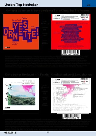 Unsere Top-Neuheiten                                                                                                        CD




                                                         Art. Nr.:
                                                      OTN016
                                                       Preiscode:
                                                          DB
                                                        Setinhalt:
                                                         1­CD

                                                        Laufzeit:

                                                       44 Min.




Als Virtuose und Professor für Kontrabass am Pariser Konservatorium ist Jean­Paul Celea einer der wenigen Solisten, die in der
klassischen und zeitgenössischen Musik genauso zu überzeugen wissen wie im Jazz, dem durch die Präzision von Celeas
ästhetischen Vorlieben und seiner Offenheit gegenüber den freiesten Formen heutiger Musik dieser opulente Klang sehr zugute
kommt. Gemeinsam mit seinem langjährigen Weggefährten, dem Drummer Wolfgang Reisinger, bildet er eine der gefragtesten
„Rhythmusgruppen“. Als Dritter im Bunde dieses neu gegründeten Trios steht den beiden „alten Hasen“ der junge Saxophonist Émile
Parisien zur Seite, der als hörbarer Erbe John Coltanes eine erstaunlich Reife, Energie und Modernität an den Tag legt. Intensiv,
lichtdurchflutet und ausgefuchst nähern sie sich unveröffentlichten und historischen Kompositionen von Ornette Coleman.




                                                         Art. Nr.:
                                                      OTN017
                                                       Preiscode:
                                                          DB
                                                        Setinhalt:
                                                         1­CD
                                                        Laufzeit:
                                                       53 Min.




Kontrabassist Stéphane Kerecki wendet sich mit Matthieu Donarier am Saxophon und Thomas Grimmonprez am Schlagzeug für dieses
Album wieder seinen favorisierten Partnern des Originaltrios zu. Außerdem holt er den Saxophonisten Tony Malaby und erstmals den
Pianisten Bojan Z. ins Boot. Mit dieser neuen Formation, die Fender Rhodes mit zwei Saxophonen kombiniert, gelingt es Stéphane
Kerecki neue Klangwelten auszuloten und seinen ohnehin schon kreativen Horizont noch zu erweitern. Die meisten Kompositionen
dieses Albums stammen wieder aus der Feder von Stéphane Kerecki, neue Inspirationsquellen wie die serbischen Einflüsse des
Pianisten Bojan Z. sind dabei unverkennbar.
Weitere spannende Titel von Outnote finden Sie auf den letzten Seiten des Newsletter!
08. 1 0. 201 2                                                   13
 