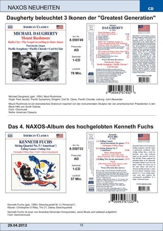 CD
29.04.2013 15
NAXOS NEUHEITEN
Kenneth Fuchs (geb. 1956): Streichquartett Nr. 5 ("American")
Klavier: Christopher O´Riley, Trio 21, Delray Streichquartett
Kenneth Fuchs ist einer von Amerikas führenden Komponisten, seine Musik wird weltweit aufgeführt
Fach: Kammermusik
Art. Nr.:
8.559733
Preiscode:
AD
Setinhalt:
1­CD
Laufzeit:
57 Min.
Das 4. NAXOS­Album des hochgelobten Kenneth Fuchs
Michael Daugherty (geb. 1954): Mout Rushmore
Orgel: Paul Jacobs, Pacific Symphony, Dirigent: Carl St. Claire, Pacific Chorale, Leitung: John Alexander
Mount Rushmore ist ein dramatisches Oratorium inspiriert von der monumentalen Skulptur der vier amerikanischen Präsidenten in den
Black Hills von South Dakota.
Fach: Chormusik
Reihe: American Classics
Art. Nr.:
8.559749
Preiscode:
AD
Setinhalt:
1­CD
Laufzeit:
78 Min.
Daugherty beleuchtet 3 Ikonen der "Greatest Generation"
 