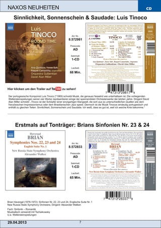 CD
29.04.2013 7
NAXOS NEUHEITEN
Brian Havergal (1876­1972): Sinfonien Nr. 22, 23 und 24, Englische Suite Nr. 1
New Russia State Symphony Orchestra, Dirigent: Alexander Walken
Fach: Sinfonik – Romantik
Musikalisch verwandt mit Tschaikowsky
U.a. Weltersteinspielungen
Art. Nr.:
8.572833
Preiscode:
AD
Setinhalt:
1­CD
Laufzeit:
65 Min.
Erstmals auf Tonträger: Brians Sinfonien Nr. 23 & 24
Der portugiesische Komponist Luís Tinoco (*1969) schreibt Musik, die genauso fesselnd wie unterhaltsam ist. Die vorliegenden
Weltersteinspielungen seiner vier Werke repräsentieren einige der spannendsten Orchesterwerke der letzten Jahre. Dirigent David
Alan Miller schreibt: „Tinoco ist der Schöpfer einer einzigartigen Klangwelt, die sich aus so unterschiedlichen Quellen wie dem
französischen Impressionismus oder dem Brasilianischen Jazz speist. Dennoch ist die Musik Tinocos eindeutig portugiesisch und
enthält zu gleichen Teilen: Sinnlichkeit, Sonnenschein und Saudade. Ich weiß, dass es gut ist, weil ich weiche Knie bekomme.“
Art. Nr.:
8.572981
Preiscode:
AD
Setinhalt:
1­CD
Laufzeit:
66 Min.
Sinnlichkeit, Sonnenschein & Saudade: Luís Tinoco
Hier klicken um den Trailer auf zu sehen!
 