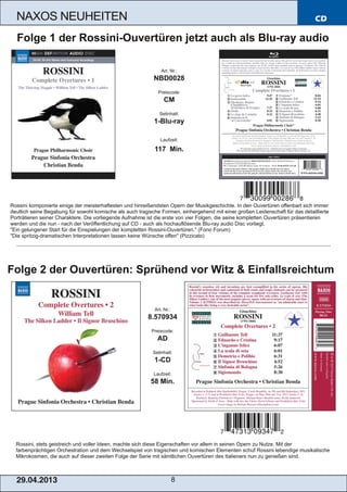CD
29.04.2013 8
NAXOS NEUHEITEN
Rossini, stets geistreich und voller Ideen, machte sich diese Eigenschaften vor allem in seinen Opern zu Nutze. Mit der
farbenprächtigen Orchestration und dem Wechselspiel von tragischen und komischen Elementen schuf Rossini lebendige musikalische
Mikrokosmen, die auch auf dieser zweiten Folge der Serie mit sämtlichen Ouvertüren des Italieners nun zu genießen sind.
Art. Nr.:
8.570934
Preiscode:
AD
Setinhalt:
1­CD
Laufzeit:
58 Min.
Folge 2 der Ouvertüren: Sprühend vor Witz & Einfallsreichtum
Rossini komponierte einige der meisterhaftesten und hinreißendsten Opern der Musikgeschichte. In den Ouvertüren offenbart sich immer
deutlich seine Begabung für sowohl komische als auch tragische Formen, einhergehend mit einer großen Leidenschaft für das detaillierte
Porträtieren seiner Charaktere. Die vorliegende Aufnahme ist die erste von vier Folgen, die seine kompletten Ouvertüren präsentieren
werden und die nun ­ nach der Veröffentlichung auf CD ­ auch als hochauflösende Blu­ray audio Disc vorliegt.
"Ein gelungener Start für die Einspielungen der kompletten Rossini­Ouvertüren." (Fono Forum)
"Die spritzig­dramatischen Interpretationen lassen keine Wünsche offen" (Pizzicato)
Folge 1 der Rossini­Ouvertüren jetzt auch als Blu­ray audio
Art. Nr.:
NBD0028
Preiscode:
CM
Setinhalt:
1­Blu­ray
Laufzeit:
117 Min.
 