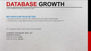 DATABASE GROWTH
e-ROI MARKETING & SALES PLAN
WHY SHOULD WE FOCUS ON THIS?
Increase audience size for offer distribution and sales opportunities
 Opportunity to test effectiveness of new tactics and be up to date with TG
Fix a target & take a tour to that: (for example)
CURRENT DATABASE SIZE: 207
GROWTH GOALS
END OF 2015: 9,000
END OF 2016: 20,000
 