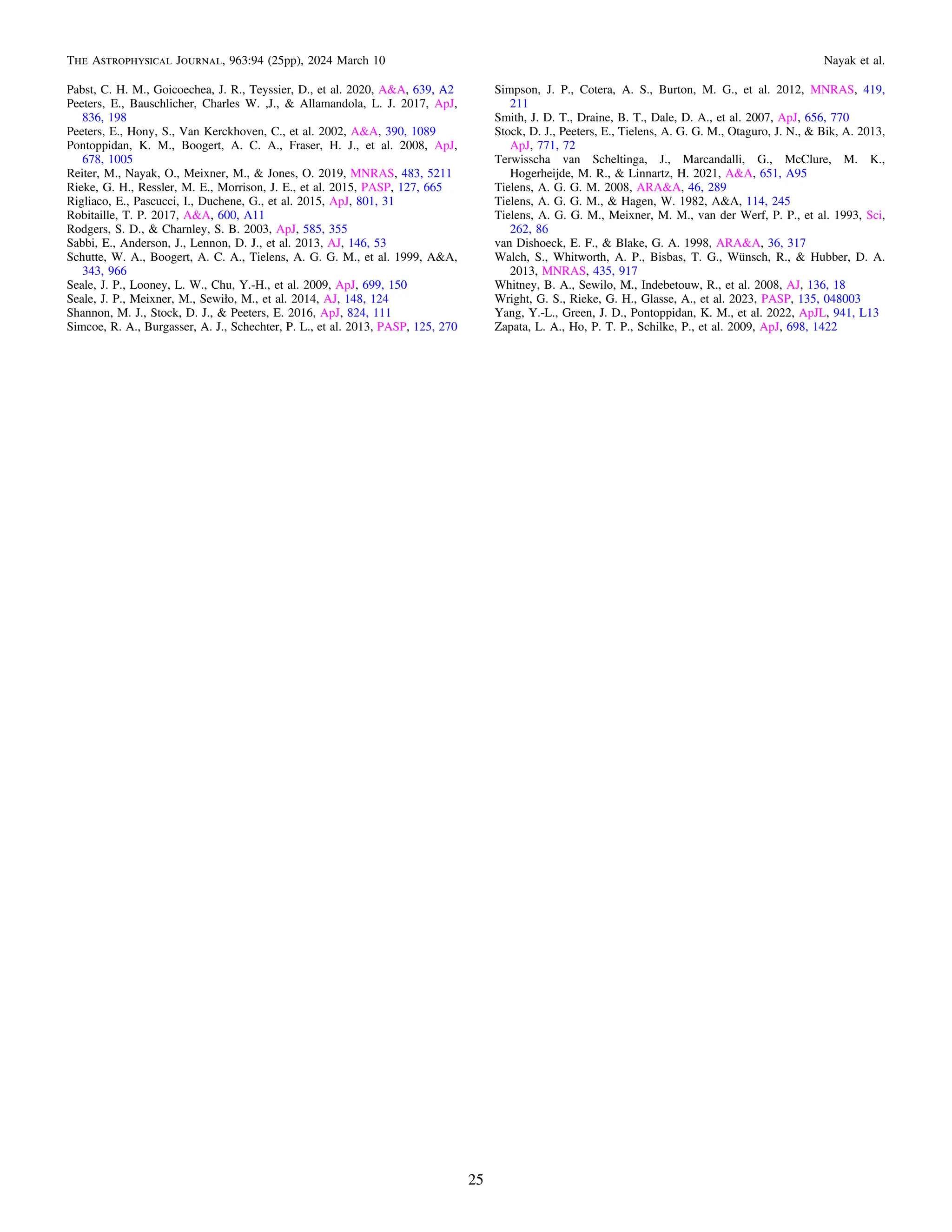 Pabst, C. H. M., Goicoechea, J. R., Teyssier, D., et al. 2020, A&A, 639, A2
Peeters, E., Bauschlicher, Charles W. ,J., & Allamandola, L. J. 2017, ApJ,
836, 198
Peeters, E., Hony, S., Van Kerckhoven, C., et al. 2002, A&A, 390, 1089
Pontoppidan, K. M., Boogert, A. C. A., Fraser, H. J., et al. 2008, ApJ,
678, 1005
Reiter, M., Nayak, O., Meixner, M., & Jones, O. 2019, MNRAS, 483, 5211
Rieke, G. H., Ressler, M. E., Morrison, J. E., et al. 2015, PASP, 127, 665
Rigliaco, E., Pascucci, I., Duchene, G., et al. 2015, ApJ, 801, 31
Robitaille, T. P. 2017, A&A, 600, A11
Rodgers, S. D., & Charnley, S. B. 2003, ApJ, 585, 355
Sabbi, E., Anderson, J., Lennon, D. J., et al. 2013, AJ, 146, 53
Schutte, W. A., Boogert, A. C. A., Tielens, A. G. G. M., et al. 1999, A&A,
343, 966
Seale, J. P., Looney, L. W., Chu, Y.-H., et al. 2009, ApJ, 699, 150
Seale, J. P., Meixner, M., Sewiło, M., et al. 2014, AJ, 148, 124
Shannon, M. J., Stock, D. J., & Peeters, E. 2016, ApJ, 824, 111
Simcoe, R. A., Burgasser, A. J., Schechter, P. L., et al. 2013, PASP, 125, 270
Simpson, J. P., Cotera, A. S., Burton, M. G., et al. 2012, MNRAS, 419,
211
Smith, J. D. T., Draine, B. T., Dale, D. A., et al. 2007, ApJ, 656, 770
Stock, D. J., Peeters, E., Tielens, A. G. G. M., Otaguro, J. N., & Bik, A. 2013,
ApJ, 771, 72
Terwisscha van Scheltinga, J., Marcandalli, G., McClure, M. K.,
Hogerheijde, M. R., & Linnartz, H. 2021, A&A, 651, A95
Tielens, A. G. G. M. 2008, ARA&A, 46, 289
Tielens, A. G. G. M., & Hagen, W. 1982, A&A, 114, 245
Tielens, A. G. G. M., Meixner, M. M., van der Werf, P. P., et al. 1993, Sci,
262, 86
van Dishoeck, E. F., & Blake, G. A. 1998, ARA&A, 36, 317
Walch, S., Whitworth, A. P., Bisbas, T. G., Wünsch, R., & Hubber, D. A.
2013, MNRAS, 435, 917
Whitney, B. A., Sewilo, M., Indebetouw, R., et al. 2008, AJ, 136, 18
Wright, G. S., Rieke, G. H., Glasse, A., et al. 2023, PASP, 135, 048003
Yang, Y.-L., Green, J. D., Pontoppidan, K. M., et al. 2022, ApJL, 941, L13
Zapata, L. A., Ho, P. T. P., Schilke, P., et al. 2009, ApJ, 698, 1422
25
The Astrophysical Journal, 963:94 (25pp), 2024 March 10 Nayak et al.
 