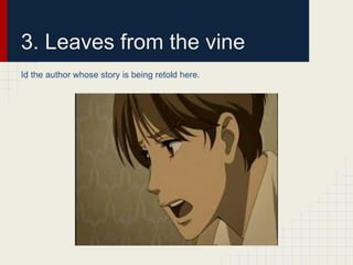 3. Leaves from the vine
Id the author whose story is being retold here.
 