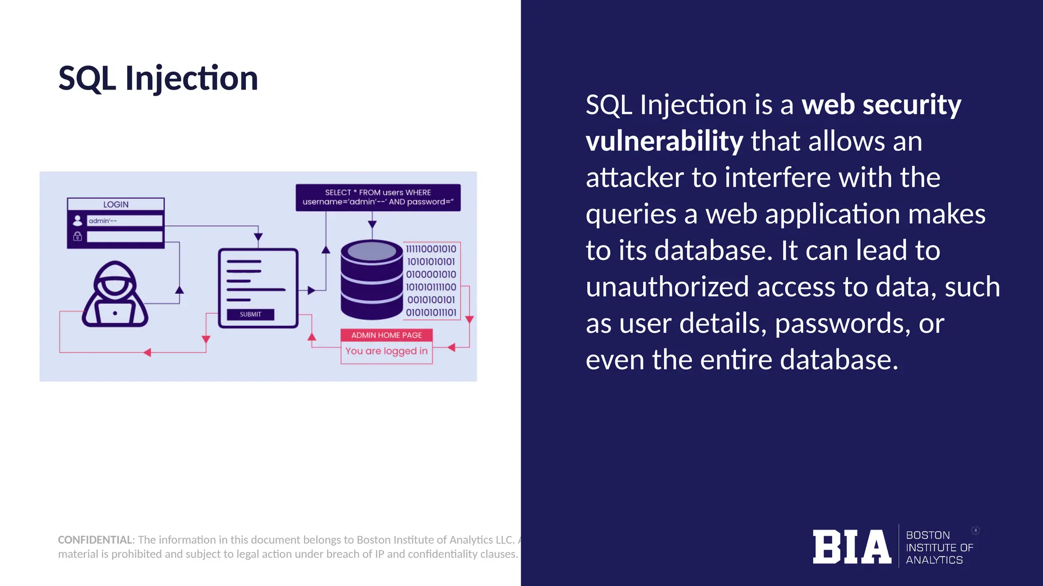 CONFIDENTIAL: The information in this document belongs to Boston Institute of Analytics LLC. Any unauthorized sharing of this material is prohibited and subject to legal action under breach of IP and confidentiality clauses. SQL Injection SQL Injection is a web security vulnerability that allows an attacker to interfere with the queries a web application makes to its database. It can lead to unauthorized access to data, such as user details, passwords, or even the entire database. 