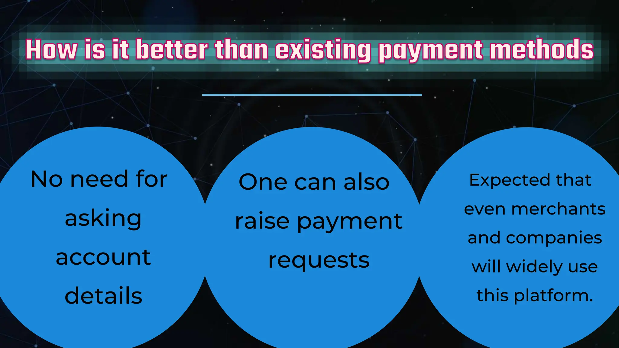 No need for
asking
account
details
One can also
raise payment
requests
Expected that
even merchants
and companies
will widely use
this platform.
 