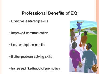 Professional Benefits of EQ
• Effective leadership skills
• Improved communication
• Less workplace conflict
• Better problem solving skills
• Increased likelihood of promotion
 
