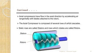 Continued . . . .
 Axial compressors have flow in the axial direction by accelerating air
tangentially with blades attached to the rotors.
 The Axial Compressor is composed of several rows of airfoil cascades.
 Static rows are called Stators and rows which rotates are called Rotors.
Rotors
Stators
Prepare by :- Shivkumar Panjabi 47
 